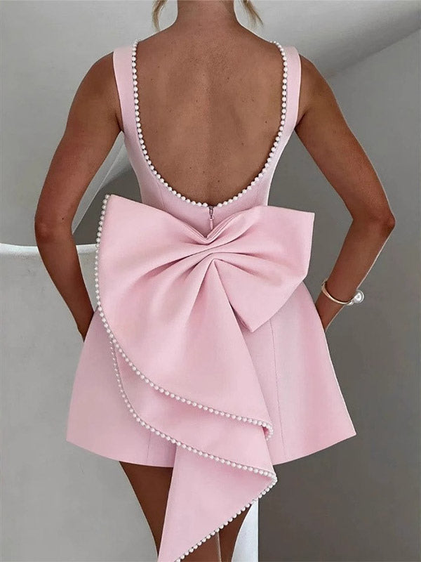 Party Dress Mini White Jewel Neck Pearls Sleeveless Backless Sexy Semi Formal Dress