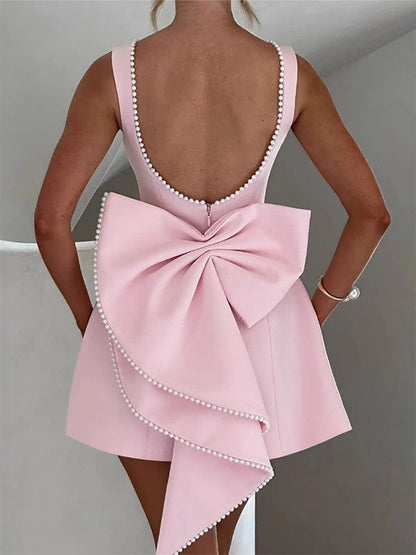 Party Dress Mini White Jewel Neck Pearls Sleeveless Backless Sexy Semi Formal Dress