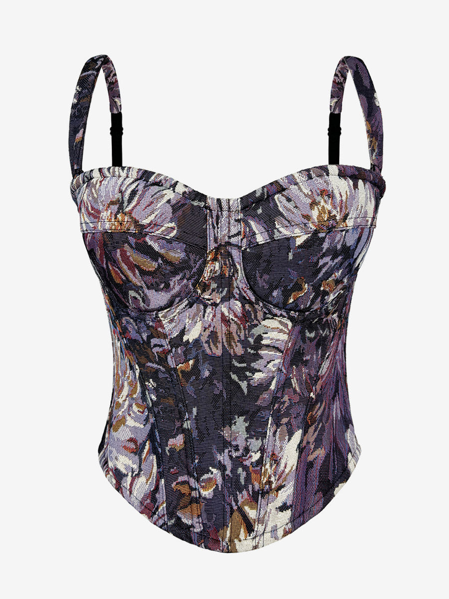 Corset Tops Blue Retro Sleeveless Strapless Printed Slim Fit Tops