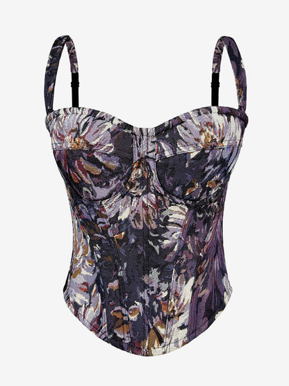 Corset Tops Blue Retro Sleeveless Strapless Printed Slim Fit Tops