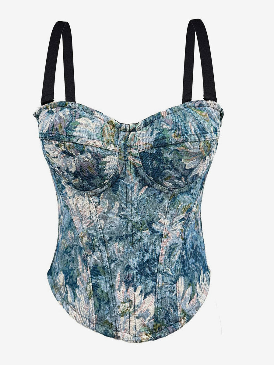 Corset Tops Blue Retro Sleeveless Strapless Printed Slim Fit Tops