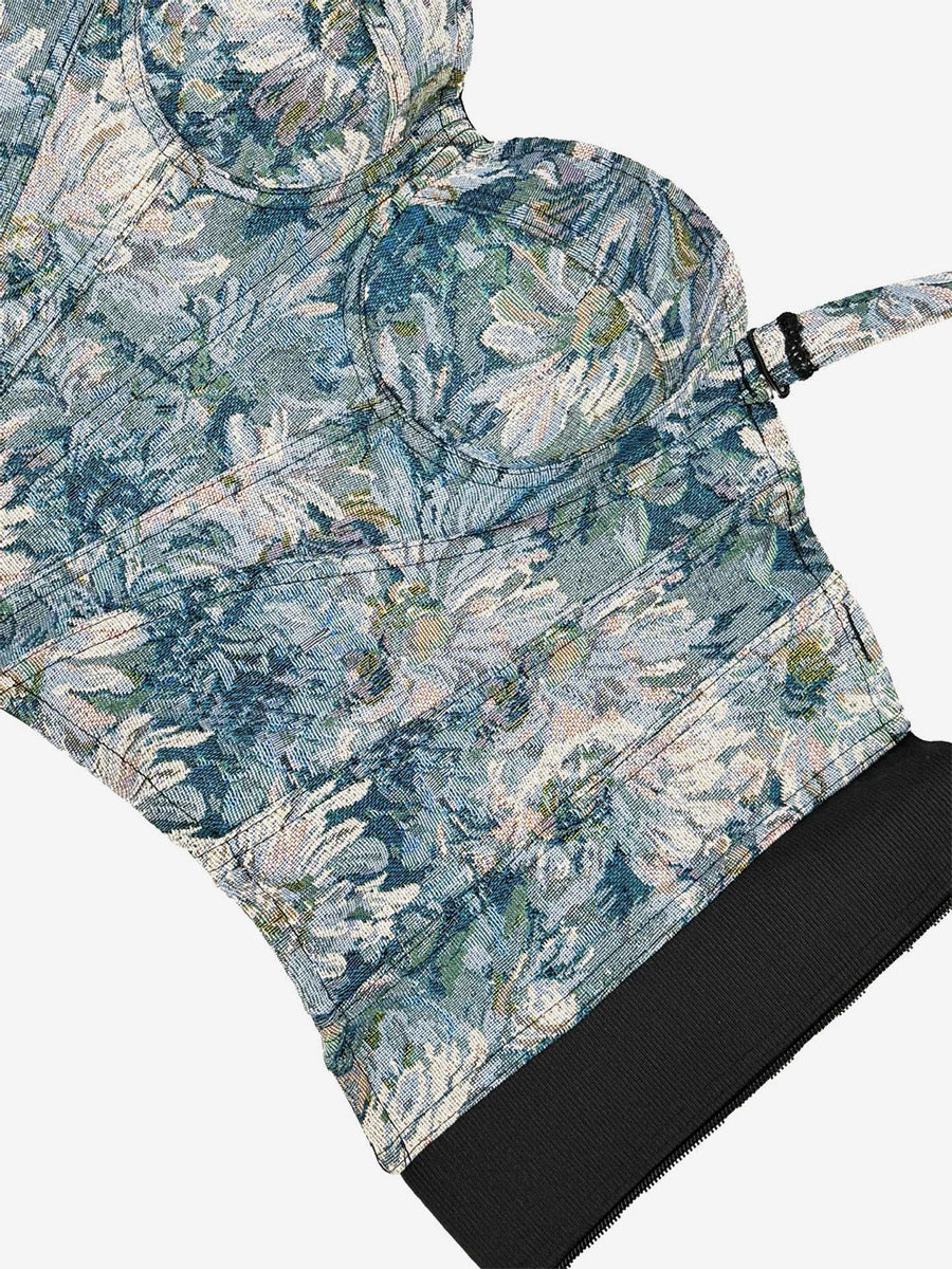 Corset Tops Blue Retro Sleeveless Strapless Printed Slim Fit Tops