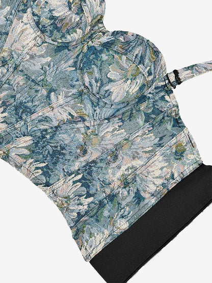 Corset Tops Blue Retro Sleeveless Strapless Printed Slim Fit Tops