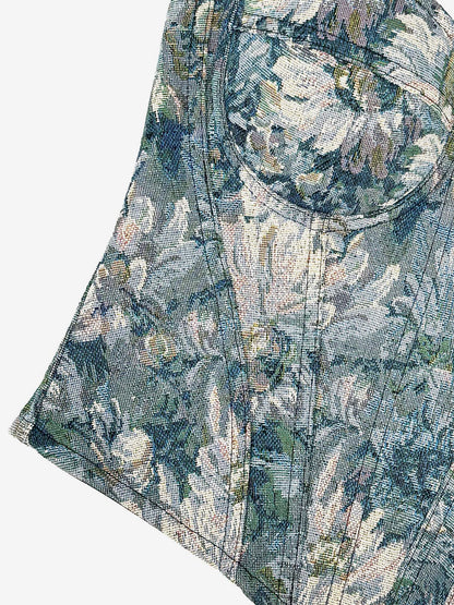 Corset Tops Blue Retro Sleeveless Strapless Printed Slim Fit Tops