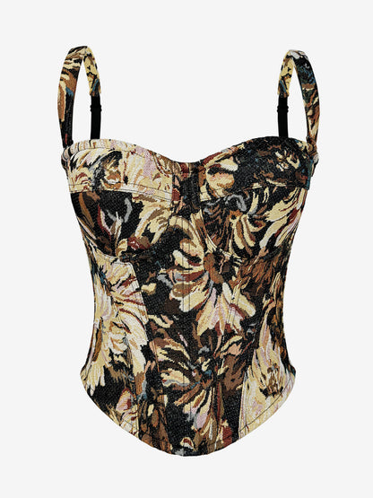 Corset Tops Blue Retro Sleeveless Strapless Printed Slim Fit Tops