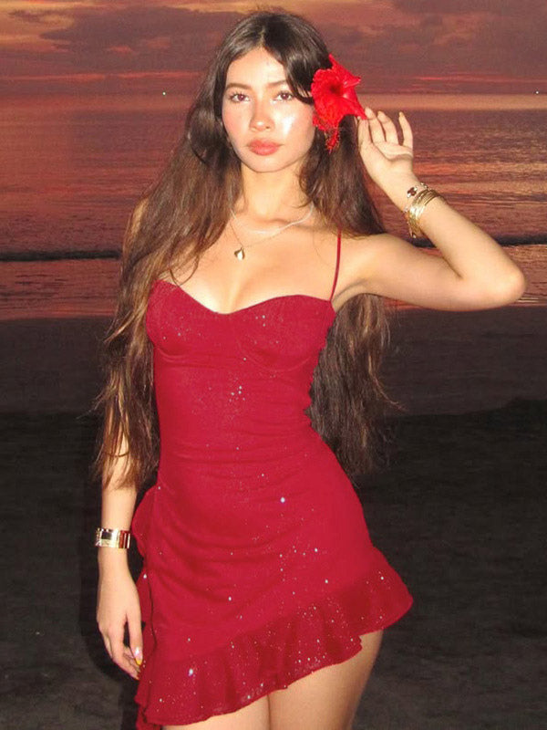 Night Out Dresses Red Sleeveless Straps Neck Asymmetrical Summer Dress