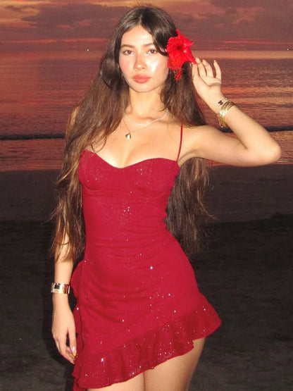 Night Out Dresses Red Sleeveless Straps Neck Asymmetrical Summer Dress