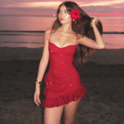 Night Out Dresses Red Sleeveless Straps Neck Asymmetrical Summer Dress