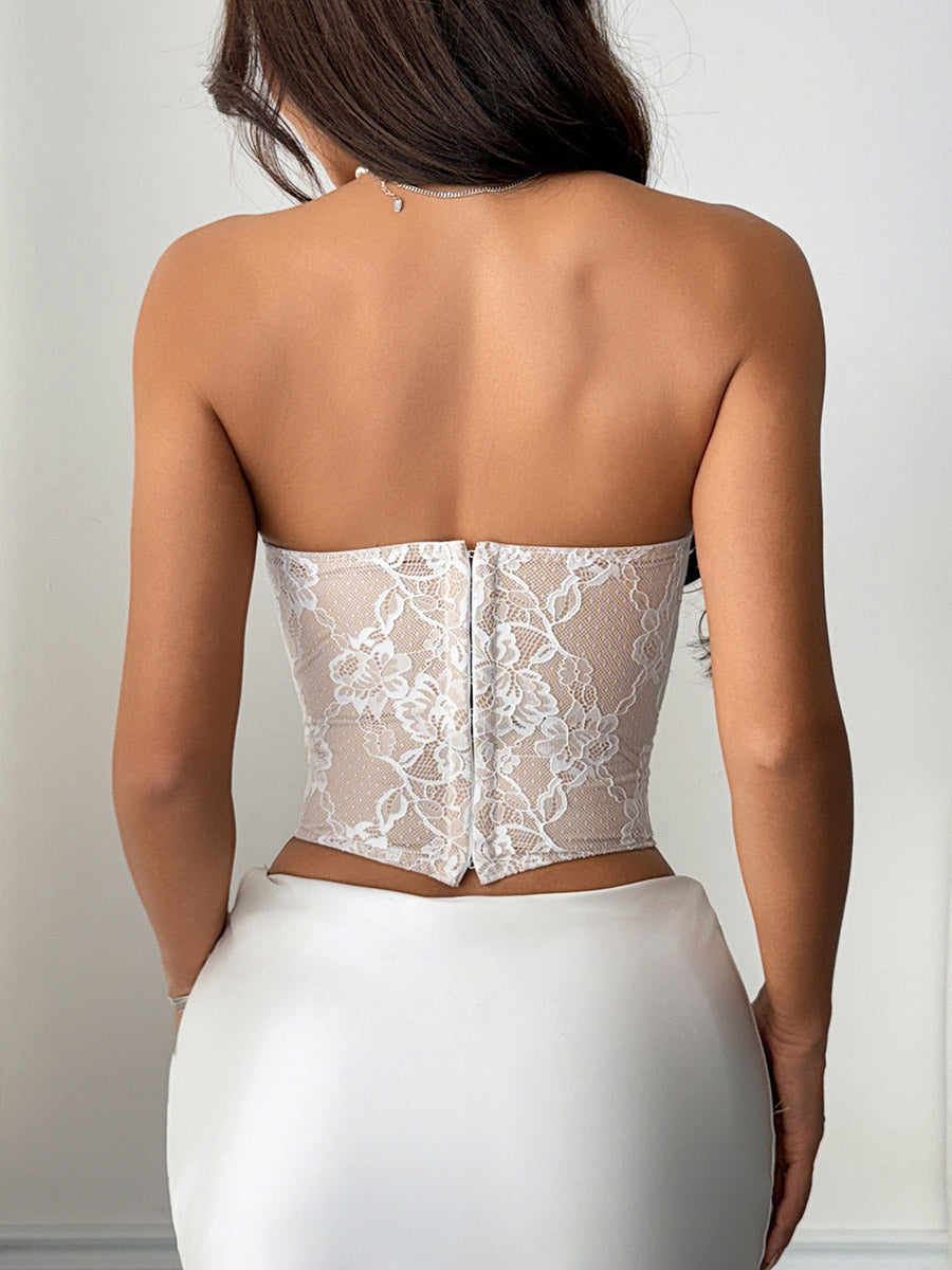 Corset Tops White Sexy Sleeveless Strapless Slim Fit Lace Zipper Tops