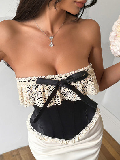 Corset Top Burgundy Sexy Sleeveless Strapless Slim Fit Lace Bows Lace-ups Tops