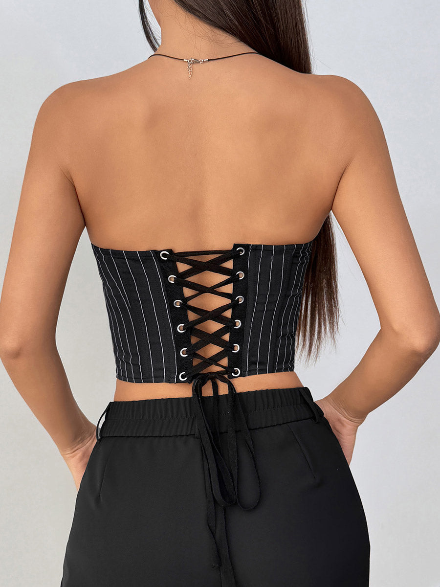 Corset Tops Black Chic Sleeveless Strapless Slim Fit Lace-up Tops
