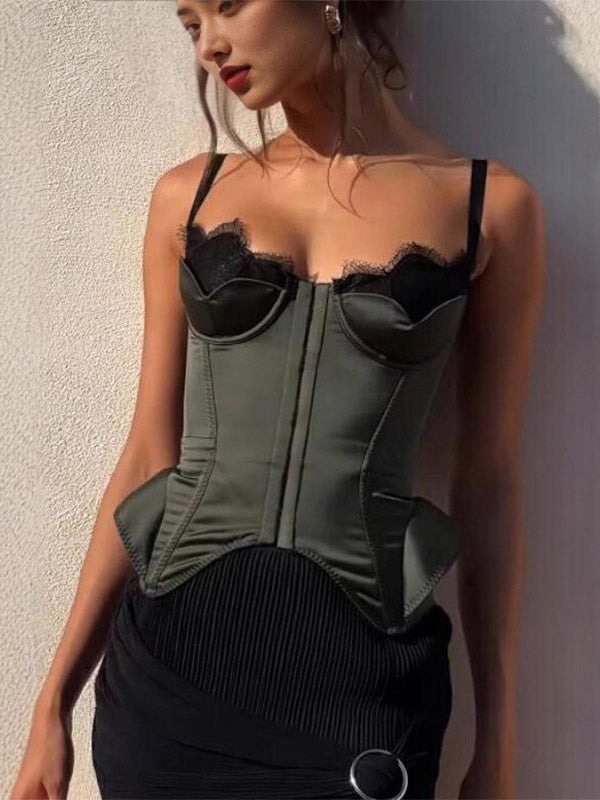 Corset Tops Black Sexy Sleeveless Straps Neck Slim Fit Lace-up Tops