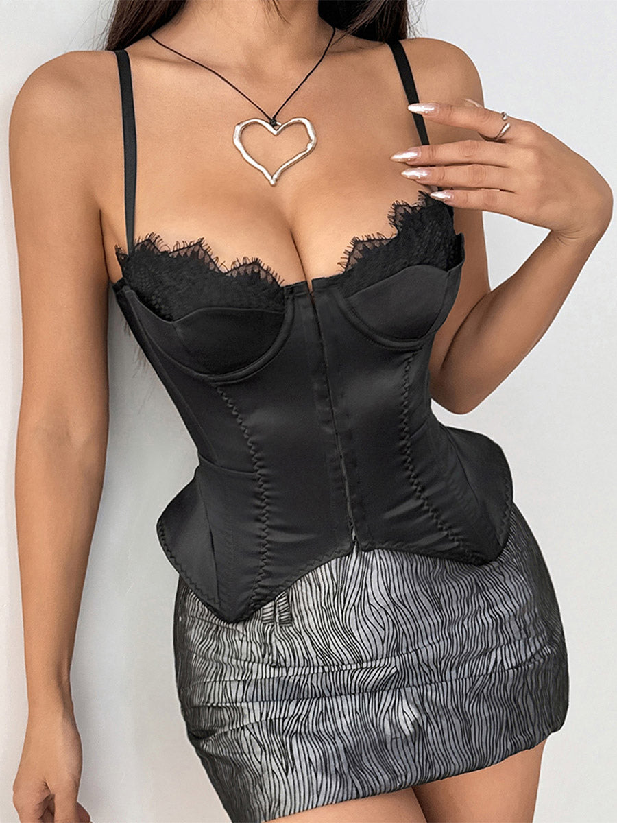 Corset Tops Black Sexy Sleeveless Straps Neck Slim Fit Lace-up Tops