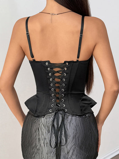 Corset Tops Black Sexy Sleeveless Straps Neck Slim Fit Lace-up Tops