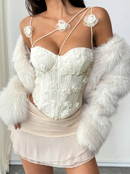 Corset Tops White Sexy Sleeveless Straps Neck Slim Fit Flowers Tops