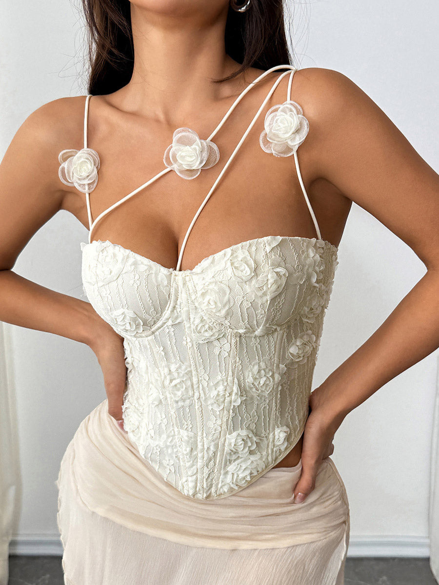 Corset Tops White Sexy Sleeveless Straps Neck Slim Fit Flowers Tops