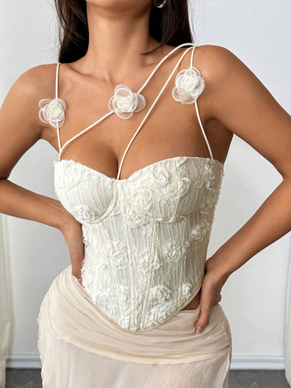Corset Tops White Sexy Sleeveless Straps Neck Slim Fit Flowers Tops