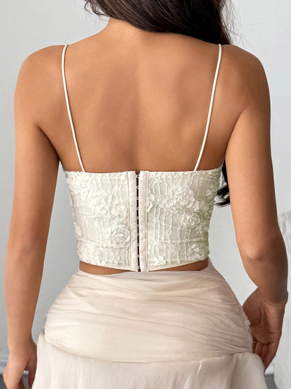 Corset Tops White Sexy Sleeveless Straps Neck Slim Fit Flowers Tops