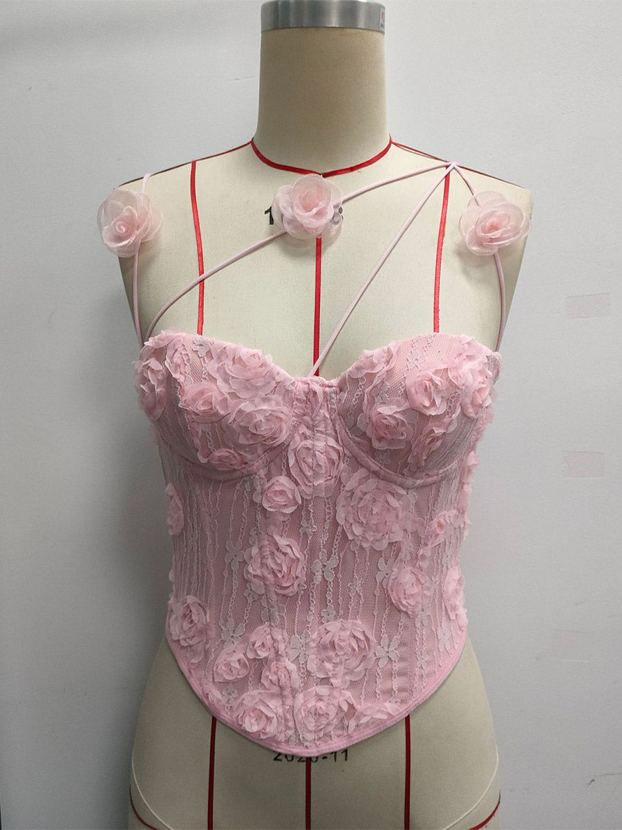 Corset Tops White Sexy Sleeveless Straps Neck Slim Fit Flowers Tops