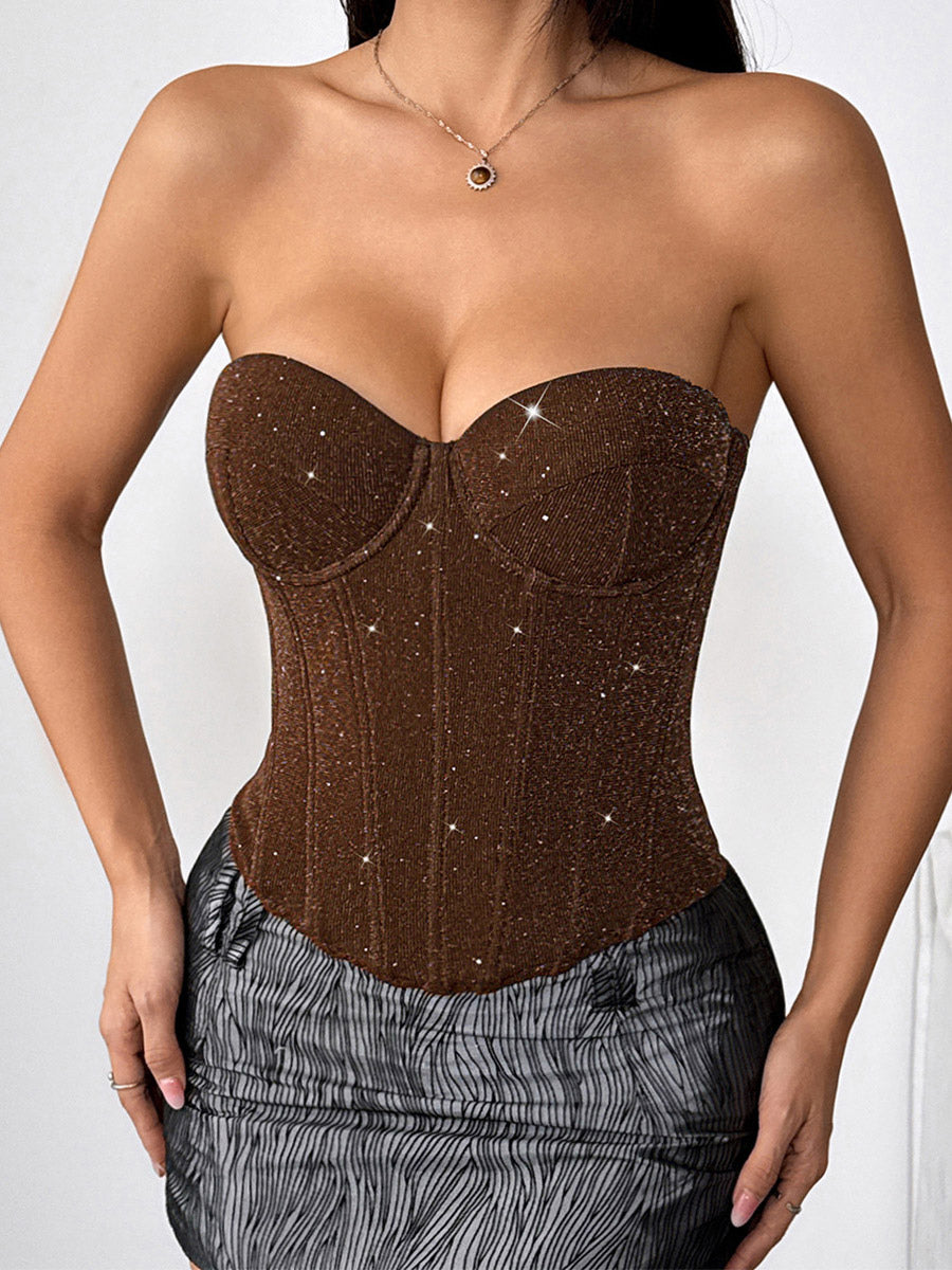 Corset Tops Red Chic Sleeveless Strapless Slim Fit Sequins Tops