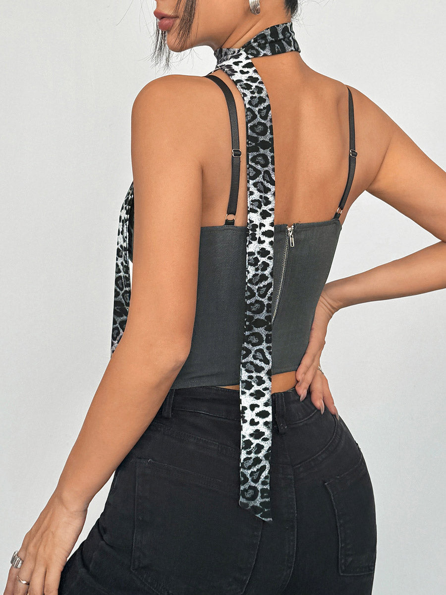 Corset Tops Leopard Print Black Chic Sleeveless Straps Neck Leopard Print Zipper Bustier