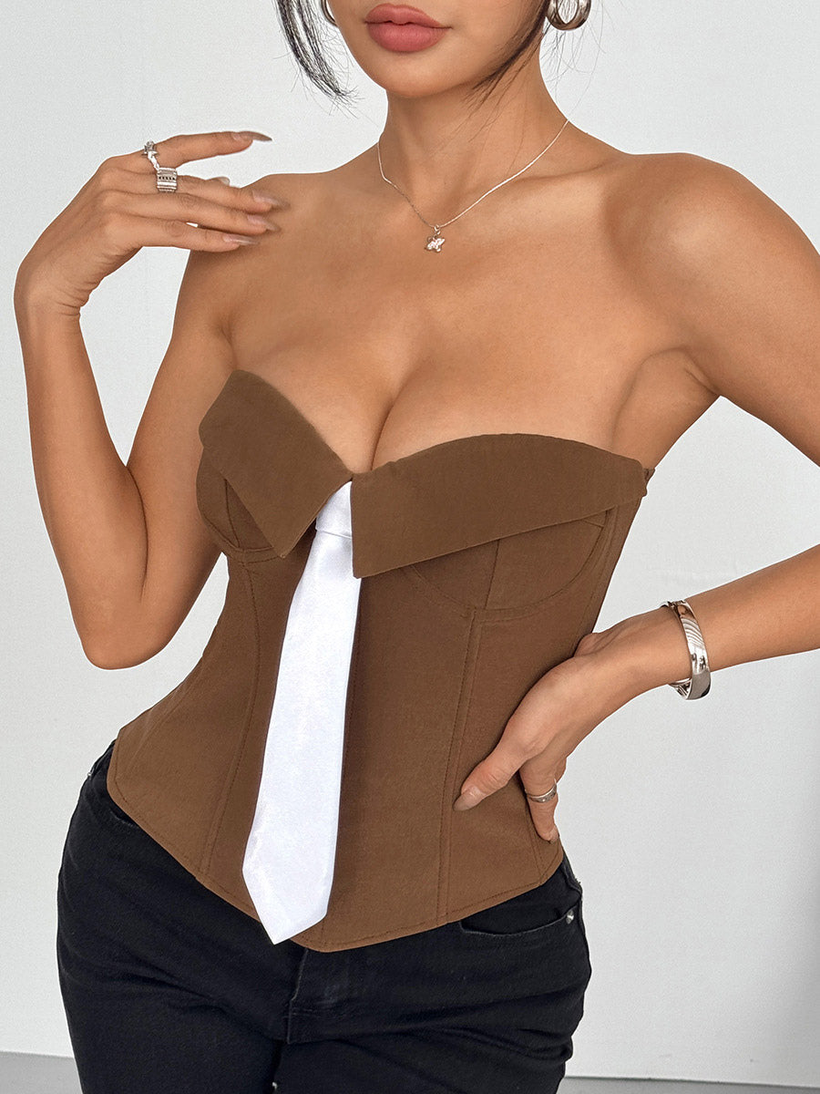 Corset Tops White Sexy Sleeveless Gray Strapless Blazer-Style With Striped Tie