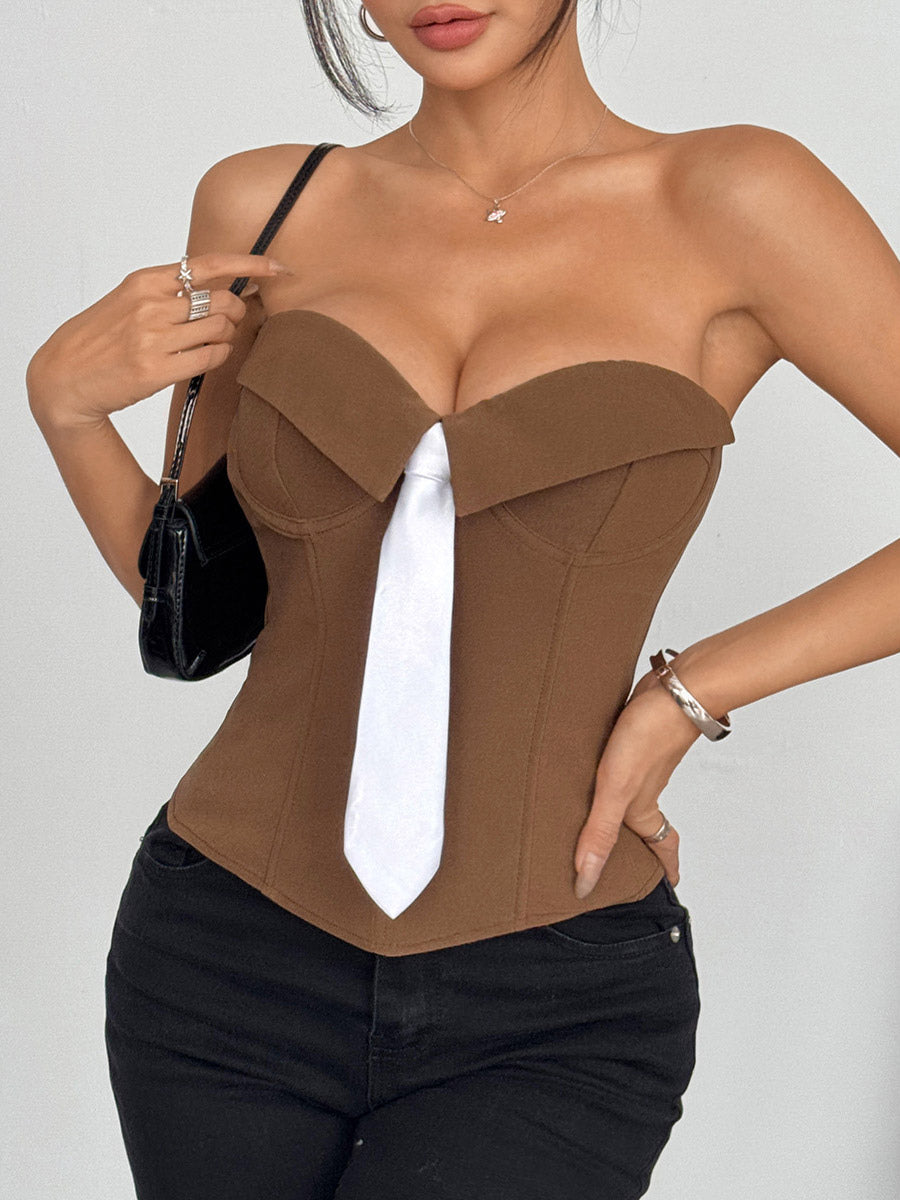 Corset Tops White Sexy Sleeveless Gray Strapless Blazer-Style With Striped Tie