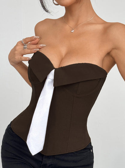 Corset Tops White Sexy Sleeveless Gray Strapless Blazer-Style With Striped Tie