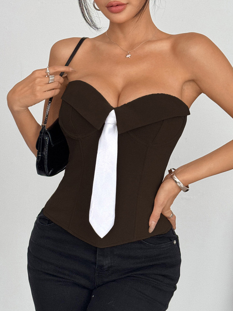 Corset Tops White Sexy Sleeveless Gray Strapless Blazer-Style With Striped Tie