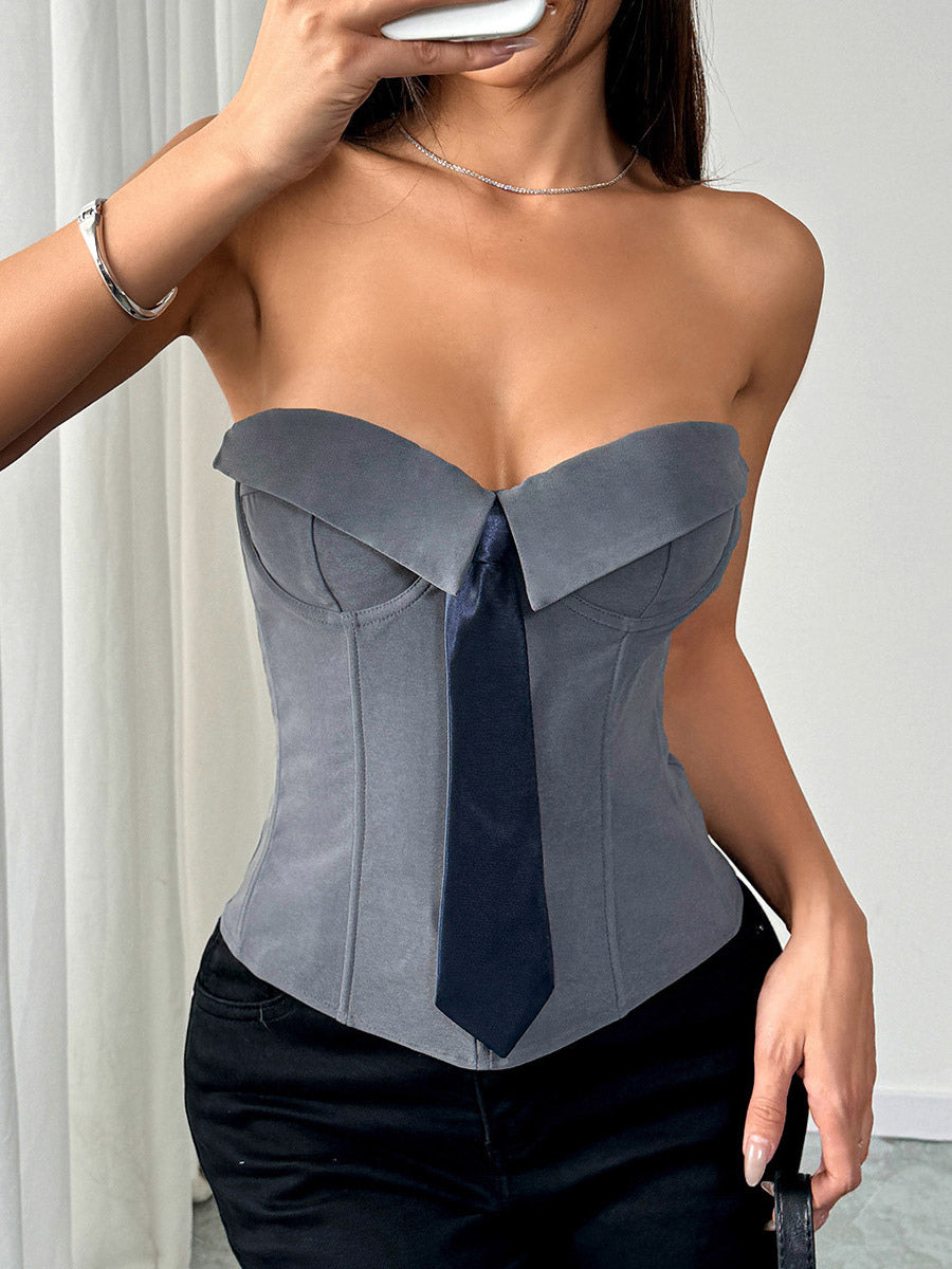 Corset Tops White Sexy Sleeveless Gray Strapless Blazer-Style With Striped Tie