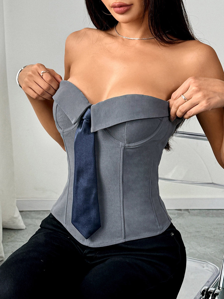 Corset Tops White Sexy Sleeveless Gray Strapless Blazer-Style With Striped Tie
