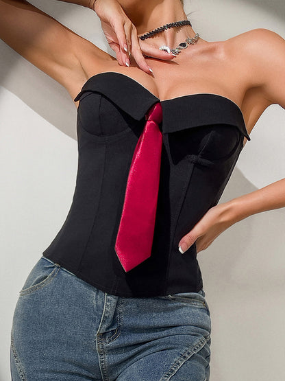 Corset Tops White Sexy Sleeveless Gray Strapless Blazer-Style With Striped Tie