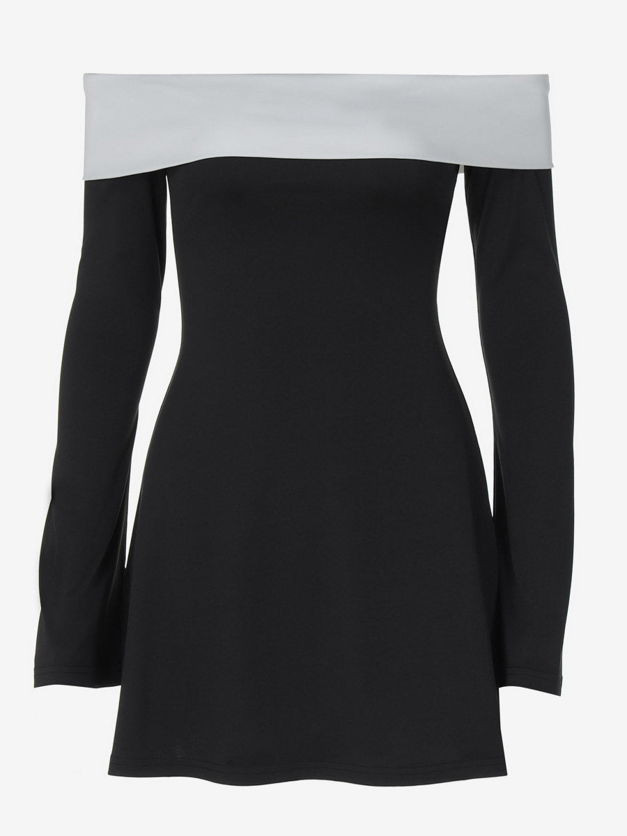 Date Night Dresses Mini Long Sleeves Two-Tone Off-The-Shoulder Chic Black Dress