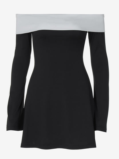 Date Night Dresses Mini Long Sleeves Two-Tone Off-The-Shoulder Chic Black Dress