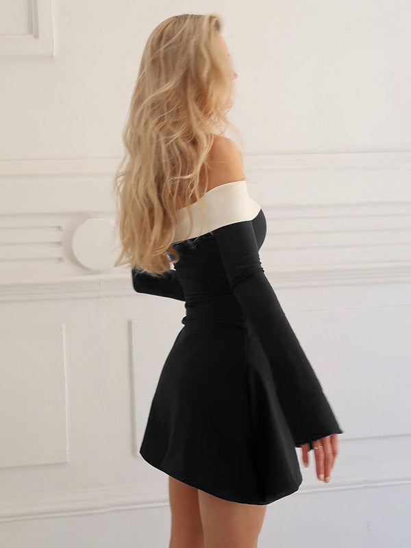 Date Night Dresses Mini Long Sleeves Two-Tone Off-The-Shoulder Chic Black Dress