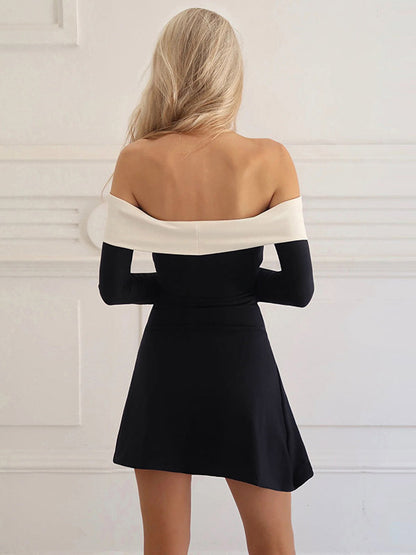 Date Night Dresses Mini Long Sleeves Two-Tone Off-The-Shoulder Chic Black Dress
