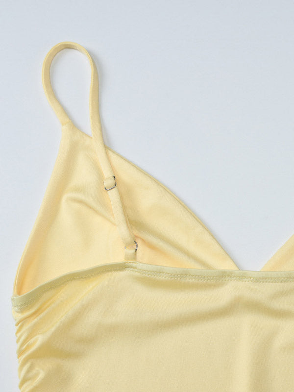 Date Night Dresses Mini Lace Up Sleeveless Backless Straps Neck Sexy Yellow Dress