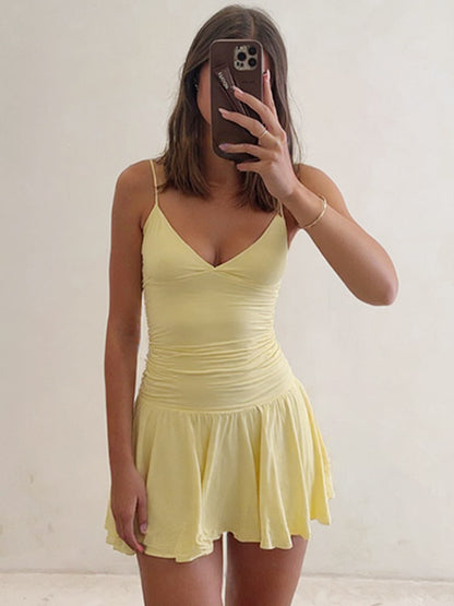 Date Night Dresses Mini Lace Up Sleeveless Backless Straps Neck Sexy Yellow Dress