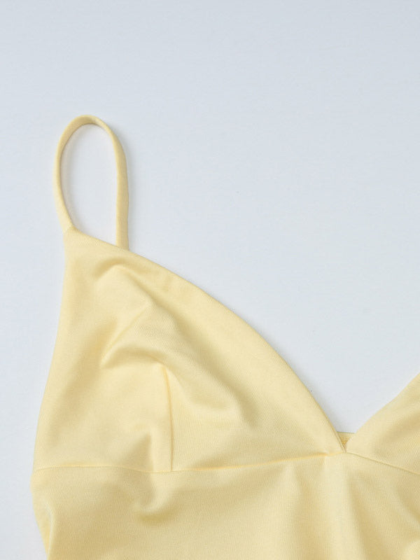 Date Night Dresses Mini Lace Up Sleeveless Backless Straps Neck Sexy Yellow Dress