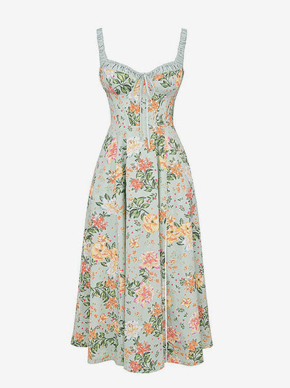 Date Night Dresses Midi Backless Flowers Drawstring Sleeveless Floral Print V-Neck Casual Green Dress