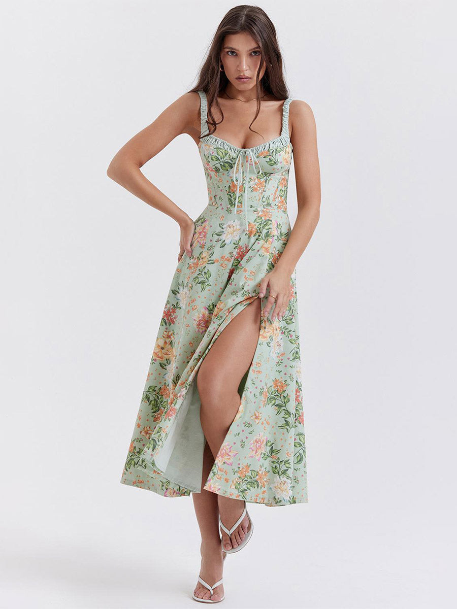 Date Night Dresses Midi Backless Flowers Drawstring Sleeveless Floral Print V-Neck Casual Green Dress