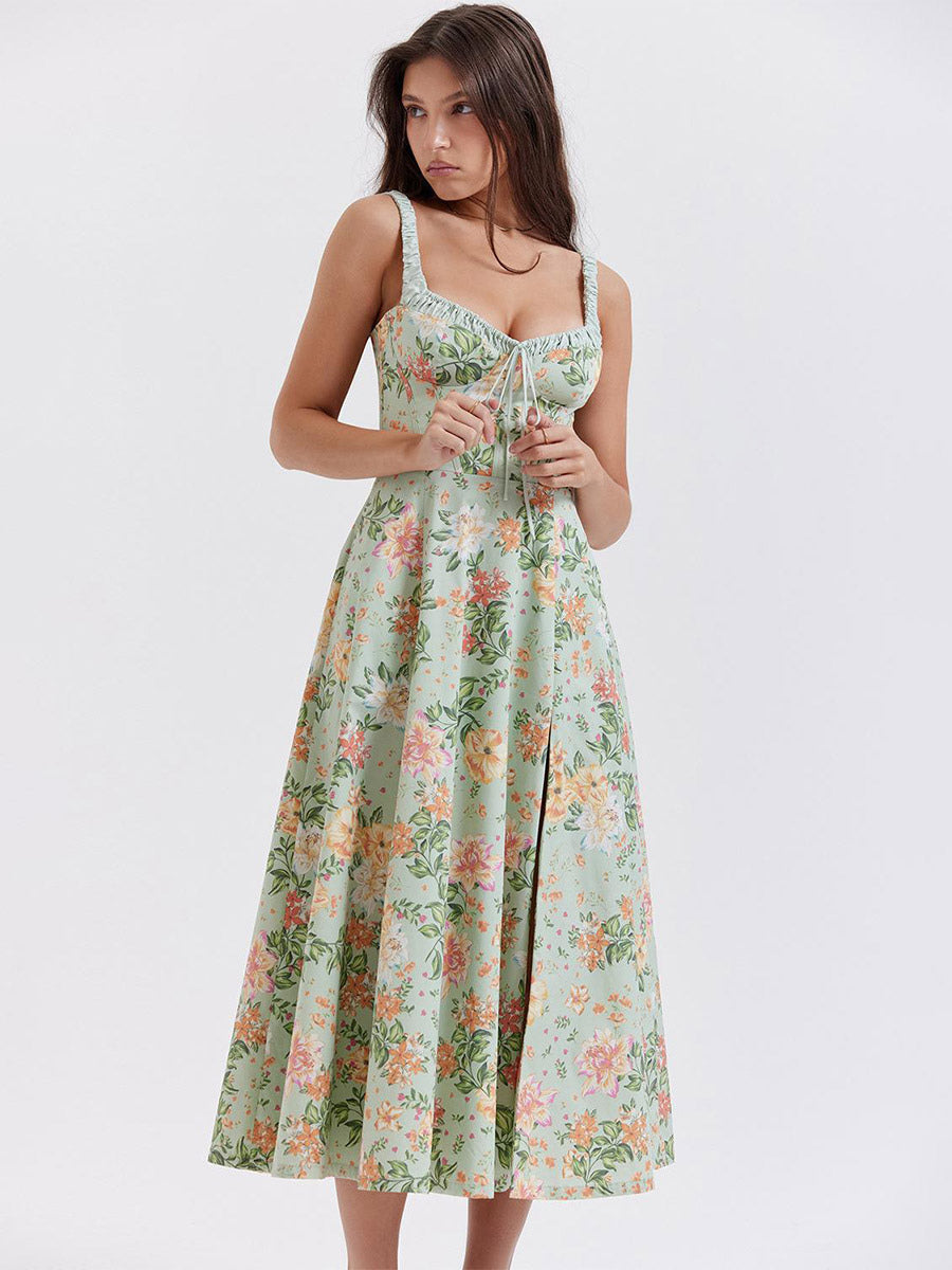 Date Night Dresses Midi Backless Flowers Drawstring Sleeveless Floral Print V-Neck Casual Green Dress