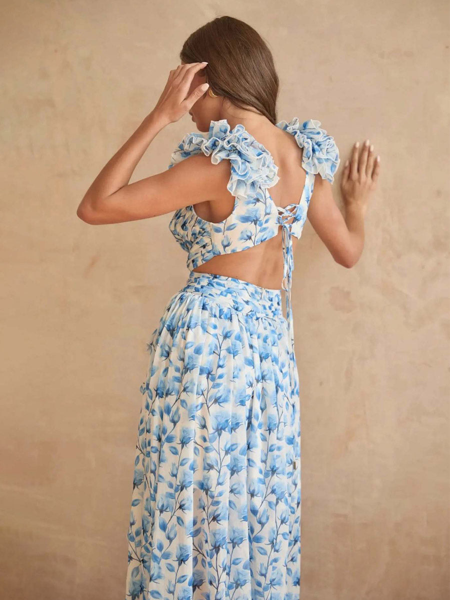 Vacation Dresses Maxi Ruffles Pleated Sleeveless Floral Print V-Neck Petal Sleeves Casual Orange Dresses