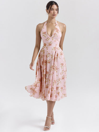 Vacation Dresses Maxi Backless Flowers Lace Up Sleeveless Floral Print Halter Sweet Pink Dress