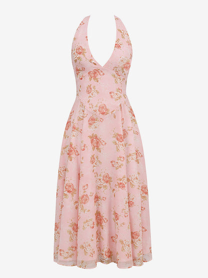 Vacation Dresses Maxi Backless Flowers Lace Up Sleeveless Floral Print Halter Sweet Pink Dress