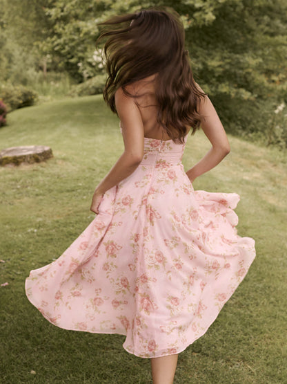 Vacation Dresses Maxi Backless Flowers Lace Up Sleeveless Floral Print Halter Sweet Pink Dress