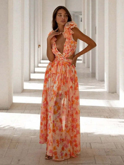 Vacation Dresses Maxi Ruffles Pleated Sleeveless Floral Print V-Neck Petal Sleeves Casual Orange Dresses