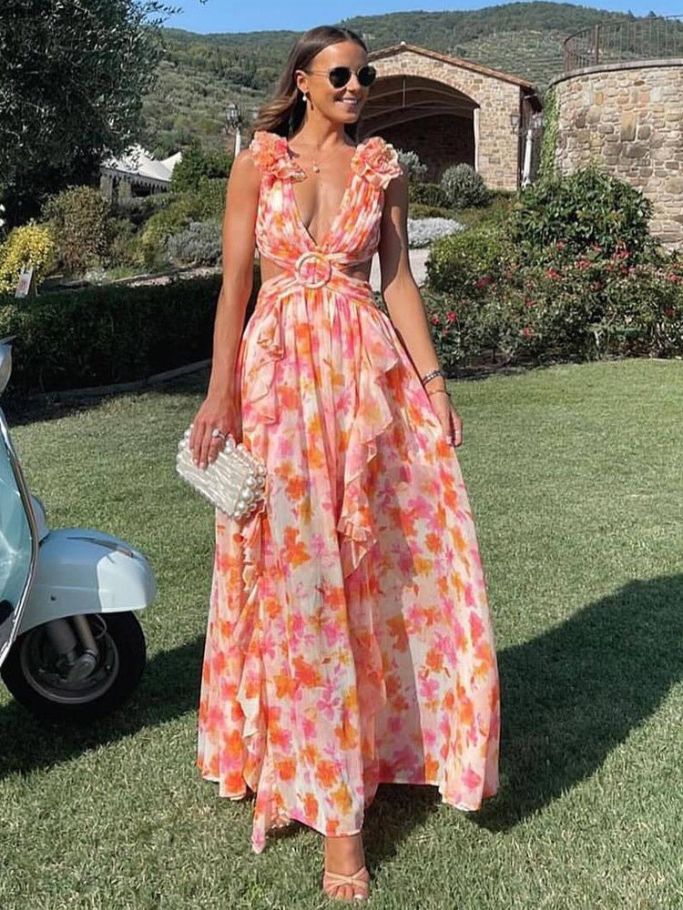 Vacation Dresses Maxi Ruffles Pleated Sleeveless Floral Print V-Neck Petal Sleeves Casual Orange Dresses