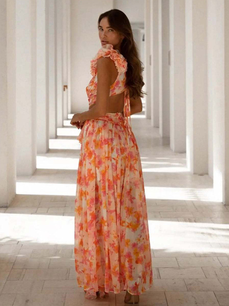 Vacation Dresses Maxi Ruffles Pleated Sleeveless Floral Print V-Neck Petal Sleeves Casual Orange Dresses
