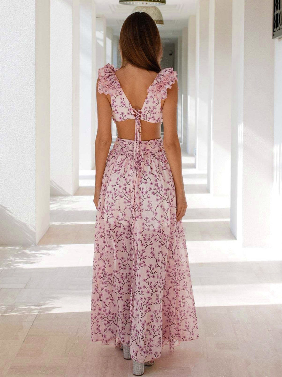Vacation Dresses Maxi Ruffles Pleated Sleeveless Floral Print V-Neck Petal Sleeves Casual Orange Dresses